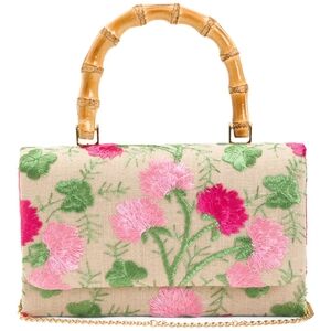 Elegant Floral Embroidered Clutch with Bamboo Handle